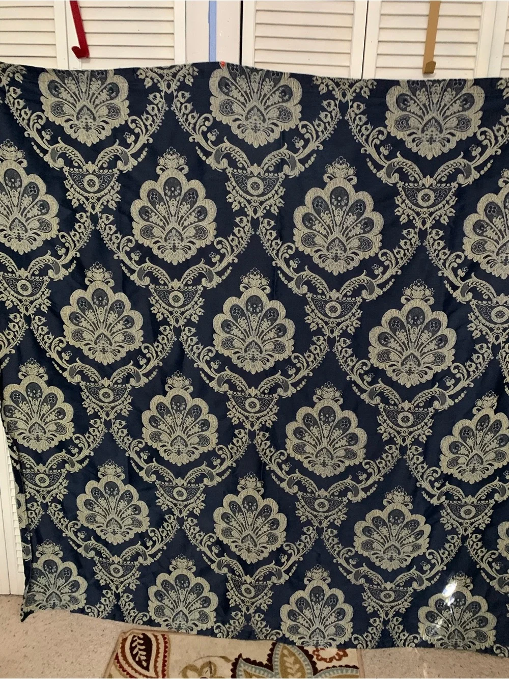 Noble Excellence Navy Blue & Beige Damask Pattern Jacquard Fabric Shower Curtain